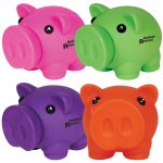 A set of four colorful coin banks in pink, green, purple, and orange, featuring playful piglet designs and a logo.