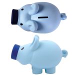 A pig-shaped coin bank featuring a soft blue color and a playful design, complete with a blue top hat.