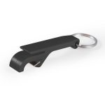 A black keytag with a curved design and attached metal keyring. It features a sleek, minimalist shape.