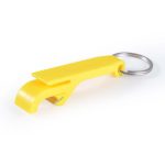 A yellow keytag bottle opener with a keyring attachment.