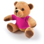 A plush teddy bear in brown with a pink shirt, featuring round eyes and soft, cuddly material.