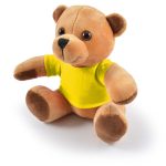 A plush teddy bear with a soft brown fur and a yellow shirt, featuring round eyes and sitting in an upright position.