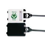 A luggage tag featuring a white front with a logo and a black back, attached with a clear strap.