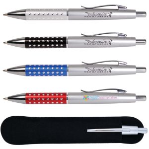 Four metallic pens in silver, black, blue, and red, featuring decorative elements and a carrying case.