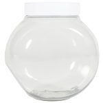 A plastic container with a white lid, featuring a round, transparent design.