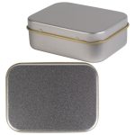 A silver rectangular tin with a lid, showcasing a sleek design ideal for storing pens or similar items.