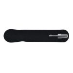 A metal pen is displayed on a black velvet-like surface. The pen features a sleek, polished design with a shiny finish.
