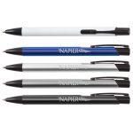A collection of four metal pens in white, blue, silver, and black, with a logo on some pens.