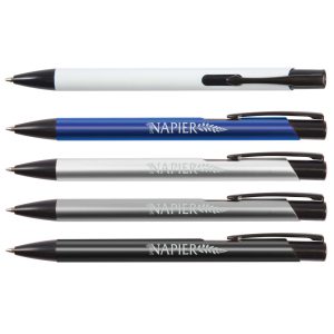 A collection of four metal pens in white, blue, silver, and black, with a logo on some pens.