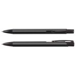 A black metal pen is displayed from different angles, featuring a sleek design and a subtle logo.