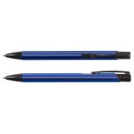 A blue metal pen with a black clip and tip, featuring a sleek design and a logo.
