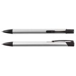 A black and silver metal pen with a sleek design, featuring a clip and a logo on the barrel.