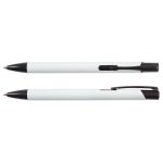 A black and white metal pen duo featuring sleek designs and a clip for easy carrying. Includes a logo.