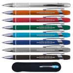 A collection of Miami Aluminium Pens in various colors, featuring a sleek design and silver accents, displayed with a case.