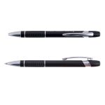 A black aluminium pen with a silver trim, featuring a textured grip and a click mechanism for retracting the pen tip.