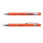 An orange aluminium pen with a silver clip and accents, featuring a textured grip. Includes a logo.