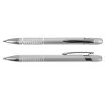 A silver aluminium pen with a textured grip and shiny chrome accents, featuring a clip for easy attachment.