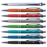 A collection of Hamilton metal pens in various colors: silver, red, orange, gray, green, blue, and black. Each pen features a logo.
