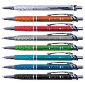 A collection of Hamilton metal pens in various colors: silver, red, orange, gray, green, blue, and black. Each pen features a logo.