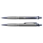 A metal pen with a sleek silver and chrome design, featuring a textured grip and a clip.