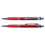 A metal pen in red with a textured grip and chrome accents. It features a clip and click mechanism.