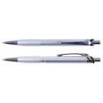 A silver metal pen with a textured grip and a black clip, featuring chrome accents and a logo.