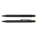 A black stylus pen featuring a gold tip and a sleek design, complete with a clip for easy attachment.