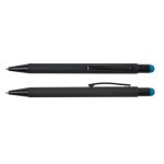 A black pen with a blue stylus tip and clip, featuring a sleek design. The product includes a logo.