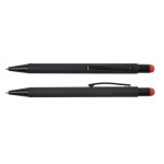 A stylus pen featuring a sleek black design with a retractable ballpoint tip and a red stylus tip.