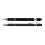 A black stylus pen with a silver clip and accents, featuring both a pen tip and a stylus tip.