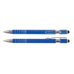 A blue pen and stylus combination with silver accents and a clip, featuring a logo on the body.