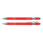 A red Helix pen and stylus, featuring chrome accents and a logo, laid out side by side on a white background.