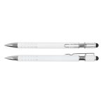 A white stylus pen with a chrome clip and tip, alongside a white ballpoint pen with a chrome accent.