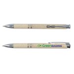 A creamy beige eco pen with a shiny silver clip and a logo on the barrel.