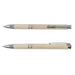 A beige eco pen with a sleek design, featuring a chrome clip and accents. The pen has a logo on the side.