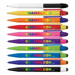 A collection of Chameleon Pen / Stylus in various colors, including white, yellow, pink, orange, purple, green, and black.