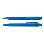 A blue pen and stylus set, featuring a smooth finish and detachable stylus tip, displayed side by side.