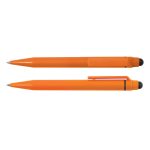 An orange pen and stylus combination with a black tip, featuring a clip design and a sleek finish.