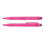 A pink stylus pen is displayed, featuring a sleek design with a sturdy clip and a soft tip for touchscreen use.