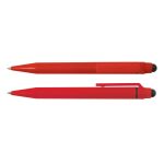A red pen and stylus combination with a smooth design and a clip, featuring a rounded tip for touch screens.
