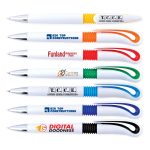 Several plastic pens in white with colorful grips, featuring various logos and branding on each pen.