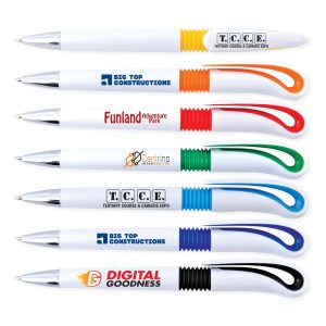 Several plastic pens in white with colorful grips, featuring various logos and branding on each pen.