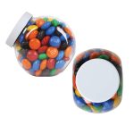 A transparent container filled with colorful M&M's in various shades, including red, blue, yellow, green, orange, and black.