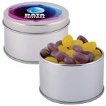 A silver round tin filled with purple and yellow jelly beans, featuring a colorful branded lid.