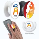A circular phone grip featuring a seahorse design in orange and yellow, with a white base and logos.