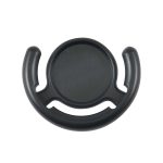A phone grip in a sleek black design, featuring a circular base with two ergonomic side grips for easy handling.