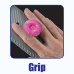 A phone grip featuring a pink donut design with colorful sprinkles, placed on a hand holding a smartphone.