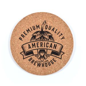 A round cork coaster featuring a black design with bold text and a logo, showcasing a rustic, natural look.