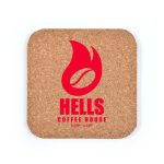 A square cork coaster featuring a red flame design alongside the text "HELLS COFFEE HOUSE."