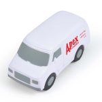 A white stress reliever in the shape of a transit van, featuring the text "Apex Couriers" and "same day delivery."